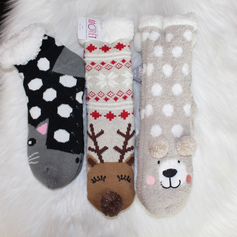 3 pair of cozy Warm slipper socks bear, cat and deer  NWT